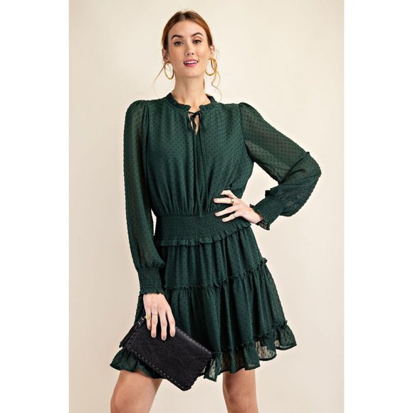 easel Dresses Easel Teal Green Chiffon Tie Closure Neck Smocked